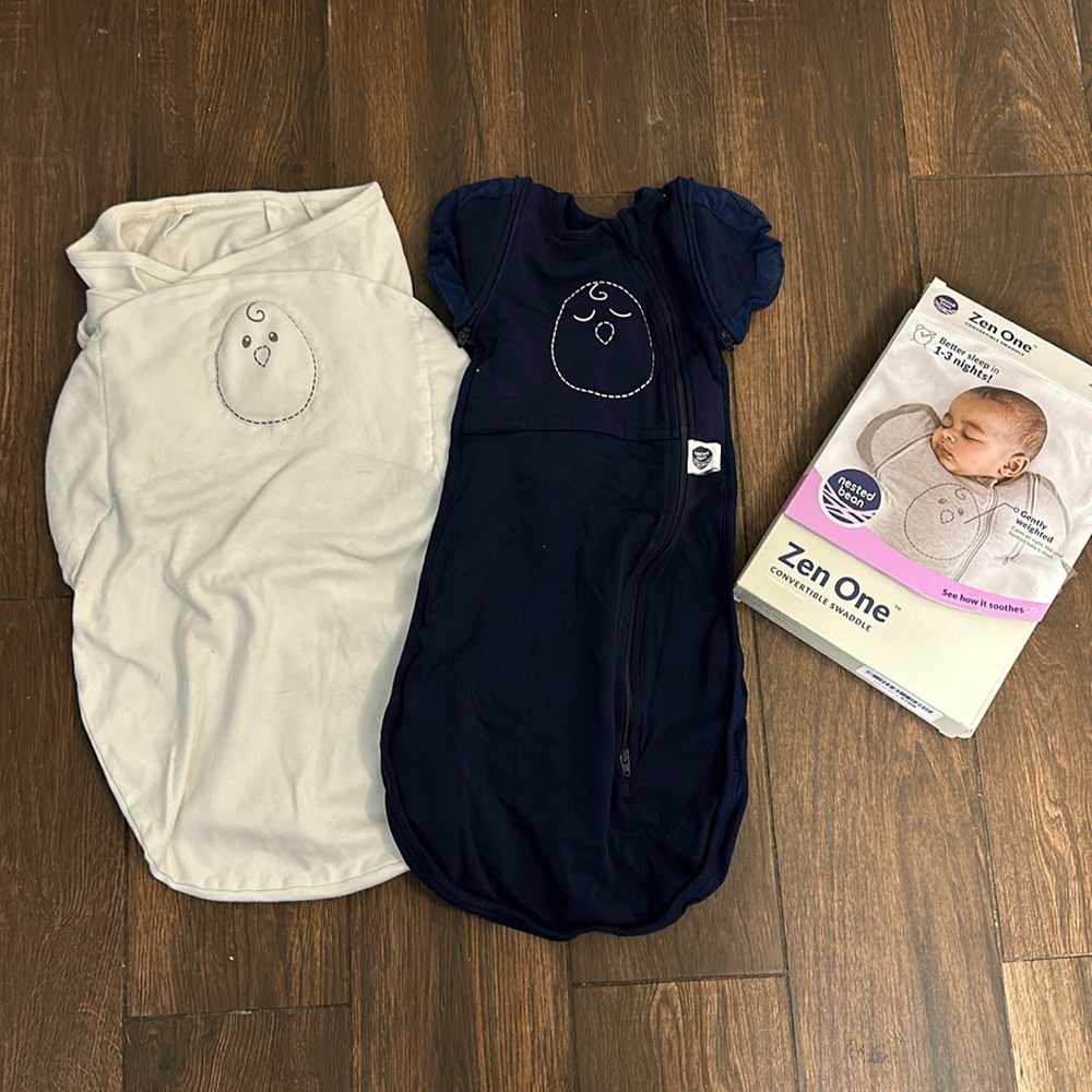 Nested bean swaddle and zen one 3-6 month transition swaddle with zip arms